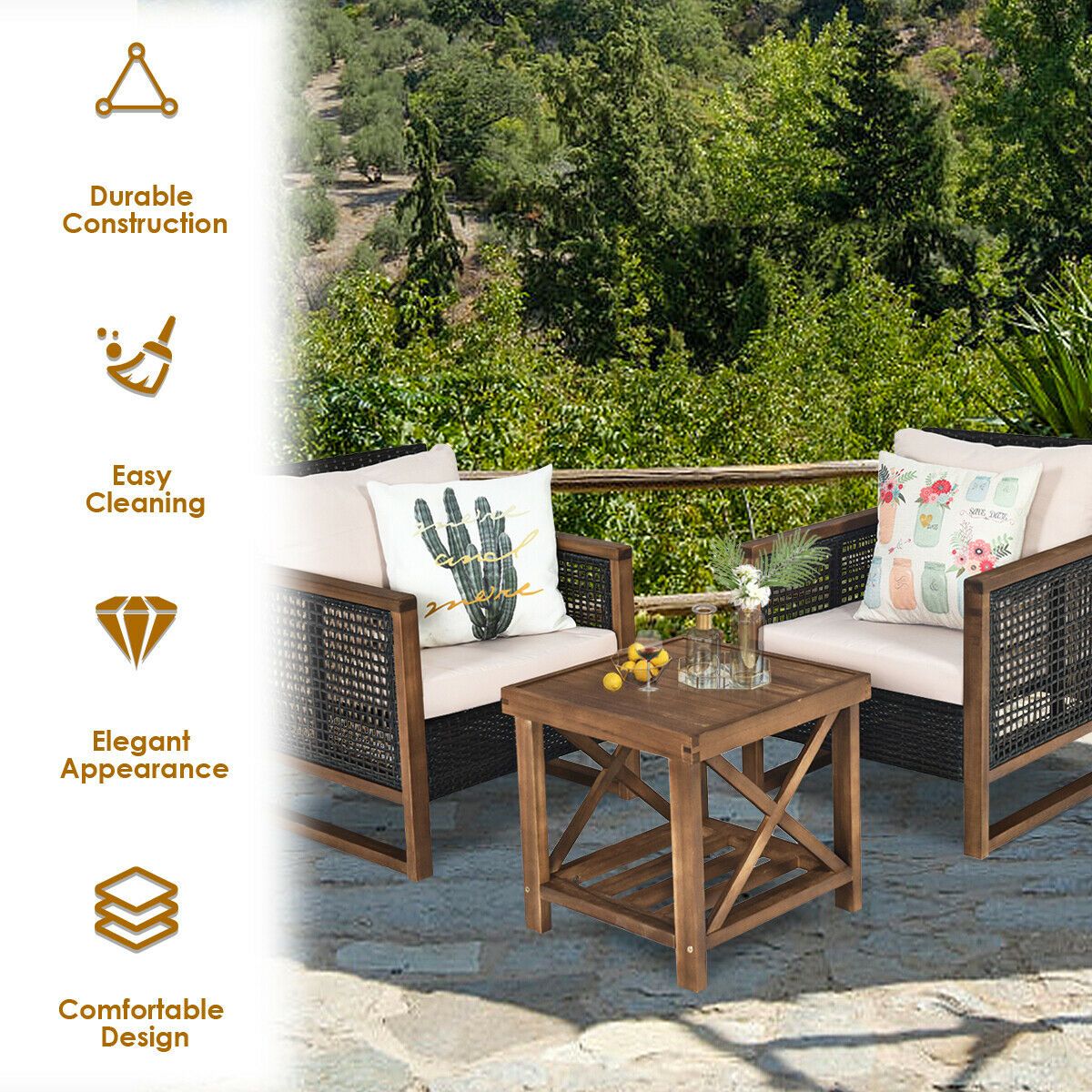 3 Pieces Outdoor Rattan Furniture Bistro Set with Cushioned Sofas
